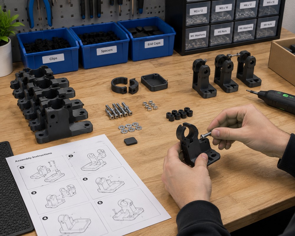 Hands assembling 3D printed brackets with hardware and instructions