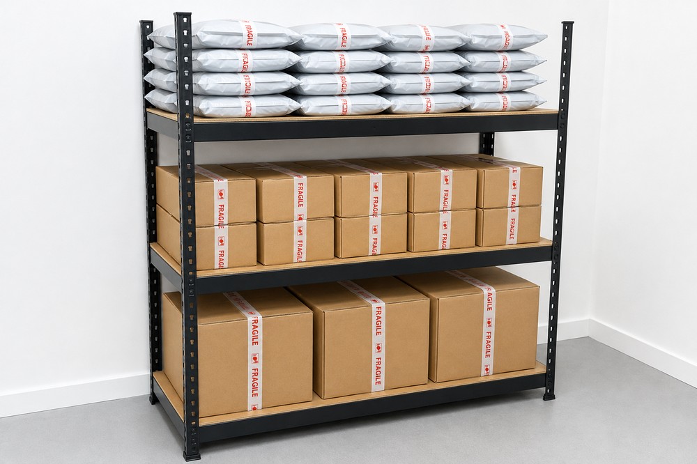 Shelving stocked with packaged mailers and boxes ready for dispatch
