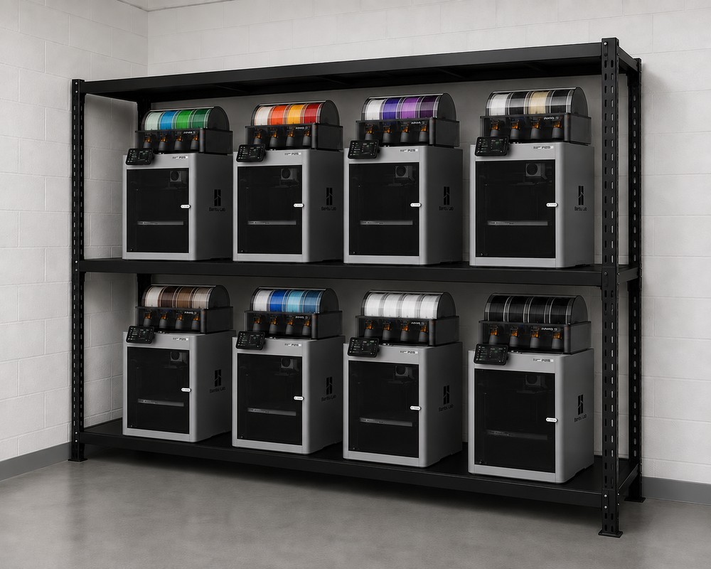 Rack of eight 3D printers running production in parallel