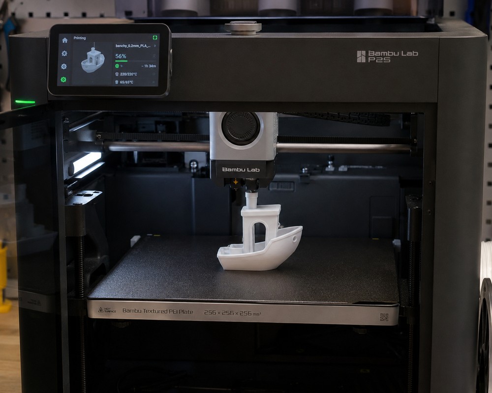 Bambu Lab 3D printer mid-print, producing a prototype part