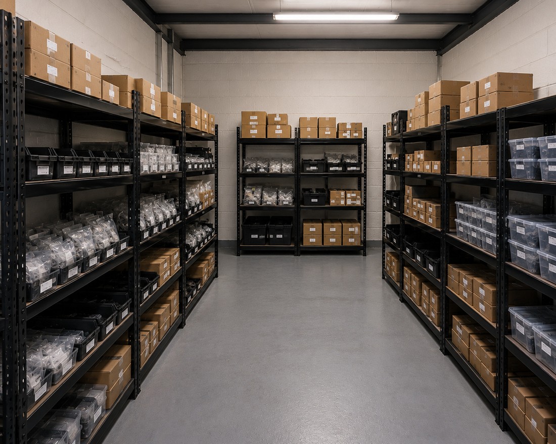 Warehouse aisle with racking stocked with components and stock